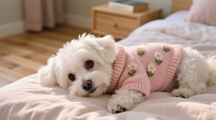  a small white dog wearing a pink sweater laying on top of a bed surrounded by pillows and a blanket In the background, there is a table with a book on it and a cur