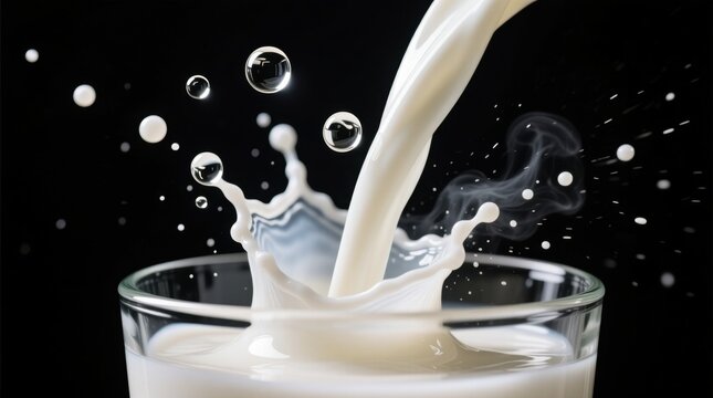  a glass of milk with a splash of milk being poured into it, set against a black background The milk is animated, giving the impression of movement and energy