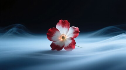  a red and white flower sitting atop a blue surface, with a dark background The flower is in the center of the image, with its petals spread out and its center a br
