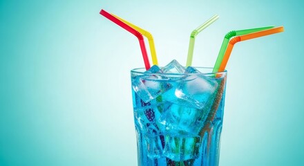 Blue drink with ice and colorful straws, perfect for summer party invitations, beverage advertisements, or refreshing social media posts.