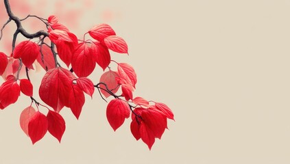 Red autumn leaves on a branch against a light background