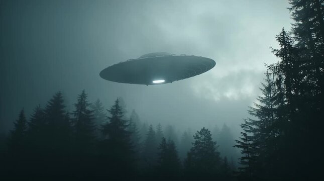 Night scene of a flying saucer hovering above an isolated, misty forest, glowing softly through the fog and creating a mysterious, otherworldly sci-fi atmosphere.
