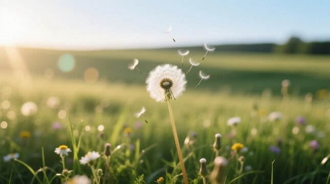  a dandelion in the middle of a field at sunset, with its white petals blowing in the wind The sky is a beautiful mix of oranges, pinks, and purples, and the grass
