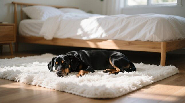  a black and brown dog laying on top of a white rug in a bedroom The room is decorated with a bed with white bed sheets and pillows, a wooden table with various obj