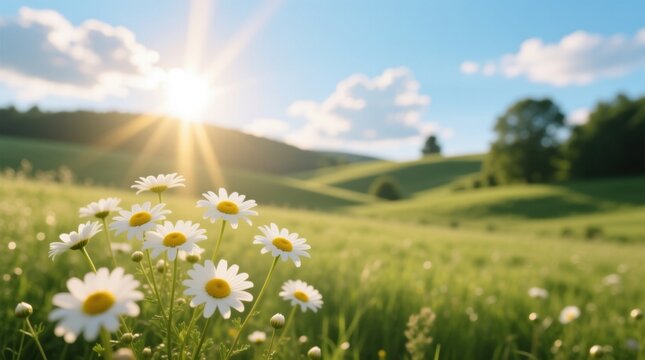  a field of daisies with the sun shining brightly in the background, surrounded by lush green grass and trees The sky is a bright blue with white fluffy clouds scat