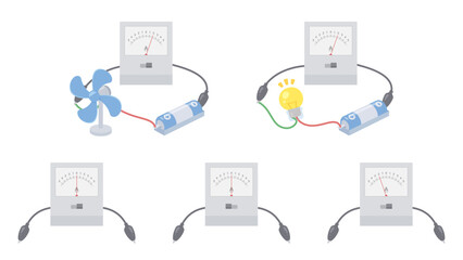 簡易検流計にプロペラまたは豆電球をつないだイラスト素材セット © ふわぷか