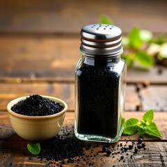 Black salt in a glass shaker and bowl on a rustic wooden table