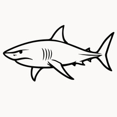 Obraz premium Cartoon shark illustration in black outlines on white background 