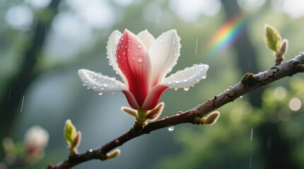  a white and red magnolia flower with water droplets on it, surrounded by lush green leaves and stems The background is slightly blurred, giving the image a dreamy
