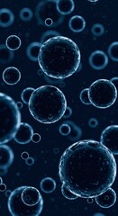 Translucent blue spheres and rings on a dark background ideal for futuristic design projects, technology concepts, or abstract backgrounds.