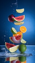 Colorful fruit slices splashing in water on blue background