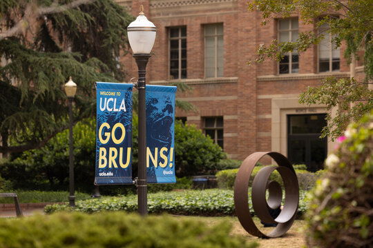 Los Angeles, California, USA - June 12, 2025: Pole banners decorate the UCLA campus.