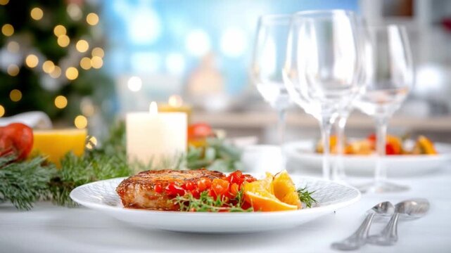 Festive Feast: A beautifully arranged dish of roasted meat sits amidst elegant glassware and festive decorations, creating an inviting atmosphere of celebration and culinary delight.