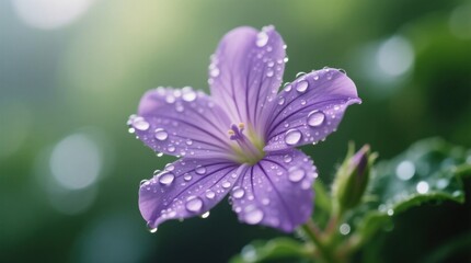 Fototapeta premium a vibrant purple flower with water droplets glistening on its petals and leaves, set against a blurred background