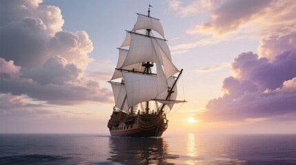 Obraz premium a tall ship sailing in the ocean at sunset, with the sky filled with clouds and the sun setting in the background The ship is surrounded by the vast expanse of the