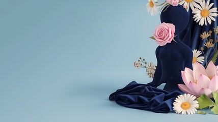 Abstract female figure with flowers on blue background for women&rsquo;s wellness