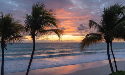 Fototapeta premium Tropical sunset over calm ocean with palm trees