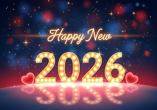 Happy New Year 2026 Marquee Light Bulbs with Hearts on Bokeh Light Background