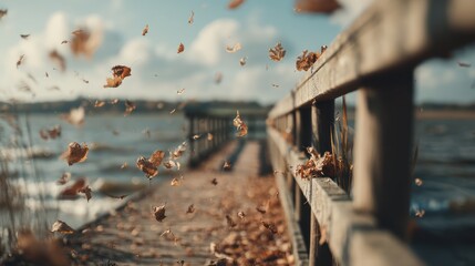 Autumn leaves blowing over wooden pier at lake