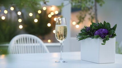Elegant glass of champagne on outdoor terrace table with flowers and lights