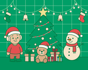 Merry Christmas Scene with Child, Snowman, and Gifts