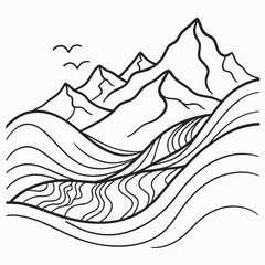 Minimalist Black Line Art Mountain Landscape with Birds