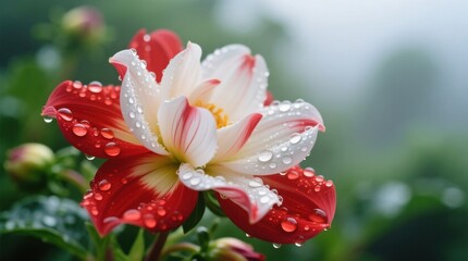 Fototapeta premium a red and white flower with water droplets on it, surrounded by lush green leaves and buds The background is slightly blurred, giving the image a dreamy feel