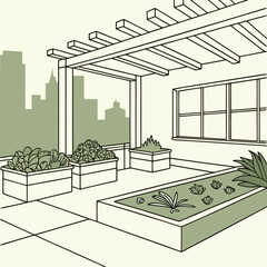 Minimalist urban rooftop garden with city skyline vector