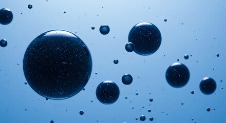 Dark spheres float on light blue background, mystery, abstract, spheres, space, modern design, background, texture, wallpaper, web design, digital art.