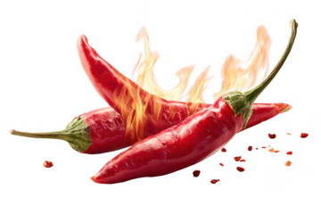 Two vibrant red chili peppers engulfed in flames against a stark transparent background