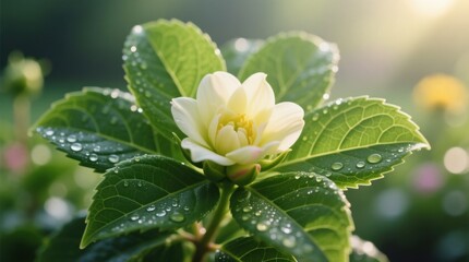 Obraz premium a white flower with water droplets on it, surrounded by lush green leaves The background is slightly blurred, giving the flower a sense of focus and prominence