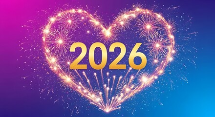 Golden 2026 Number in Heart Shaped Fireworks on Gradient Blue and Purple Background