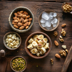 Fototapeta premium Chopped banana almonds and ice cubes in the bowl
