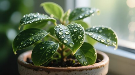  a potted plant sitting on top of a window sill, with water droplets glistening on its leaves The background is slightly blurred, giving the focus to the plant