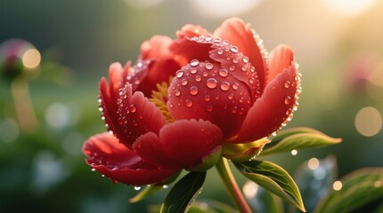  a vibrant red peony flower with water droplets glistening on its petals and leaves, set against a blurred background