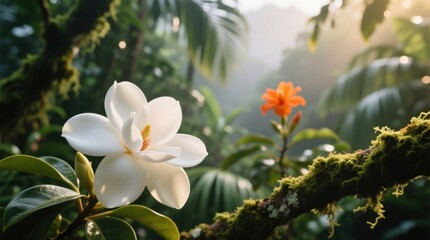  a white magnolia flower on a tree branch in the middle of a lush green forest The flower is surrounded by lush green leaves and stems, and the background is slight