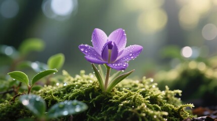  a vibrant purple crocus flower with water droplets glistening on its petals, sitting atop a bed of lush green moss The background is slightly blurred, giving the f