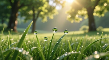  a lush green grass field with water droplets glistening in the sunlight, surrounded by trees in the background