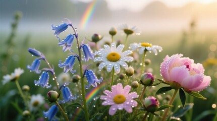  a field of daisies with water droplets on them, surrounded by lush green grass and a beautiful rainbow in the background The colors of the flowers are vibrant and