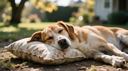  a dog peacefully sleeping on a pillow in the grass, surrounded by trees and a house in the background