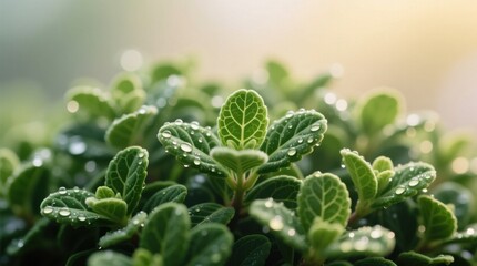  a close up of a plant with green leaves and water droplets glistening on them, set against a blurred background