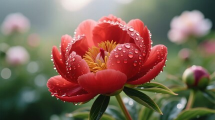  a vibrant red peony flower with water droplets glistening on its petals, surrounded by lush green leaves and buds The background is slightly blurred, adding to the
