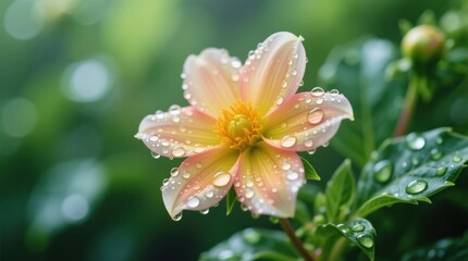  a pink dahlia flower with water droplets on it, surrounded by lush green leaves and buds The background is slightly blurred, giving the flower a soft and dreamy lo