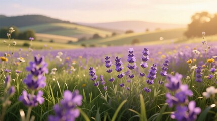  a field of lavender flowers with the sun setting in the background, surrounded by trees and hills The sky is a beautiful mix of oranges, pinks, and purples, creati