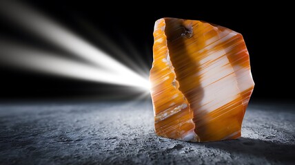Raw orange gemstone illuminated by strong light beam on dark background