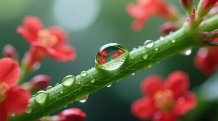  a red flower with water droplets on its stem, surrounded by lush green leaves The background is slightly blurred, giving the image a dreamy feel