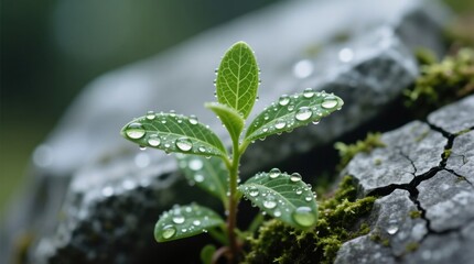  a small plant growing out of a crack in the ground, with water droplets glistening on its leaves The background is slightly blurred, giving the image a dreamy, eth