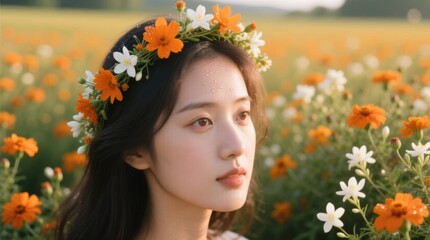  a woman with a flower crown on her head standing in a field of flowers The background is slightly blurred, giving the image a dreamy feel