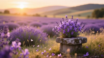  a beautiful lavender field at sunset, with the sun setting in the background The field is filled with vibrant purple flowers, lush green grass, and tall trees The