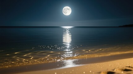  a beach at night with a full moon in the sky, illuminated by its light and reflecting off the water The sand is visible at the bottom of the image, creating a peac